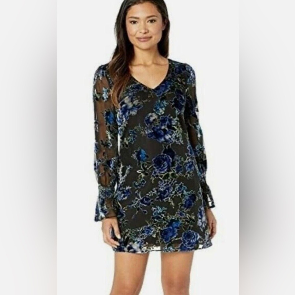 Laundry By Shelli Segal Black and Blue Floral Long Sleeve Dress